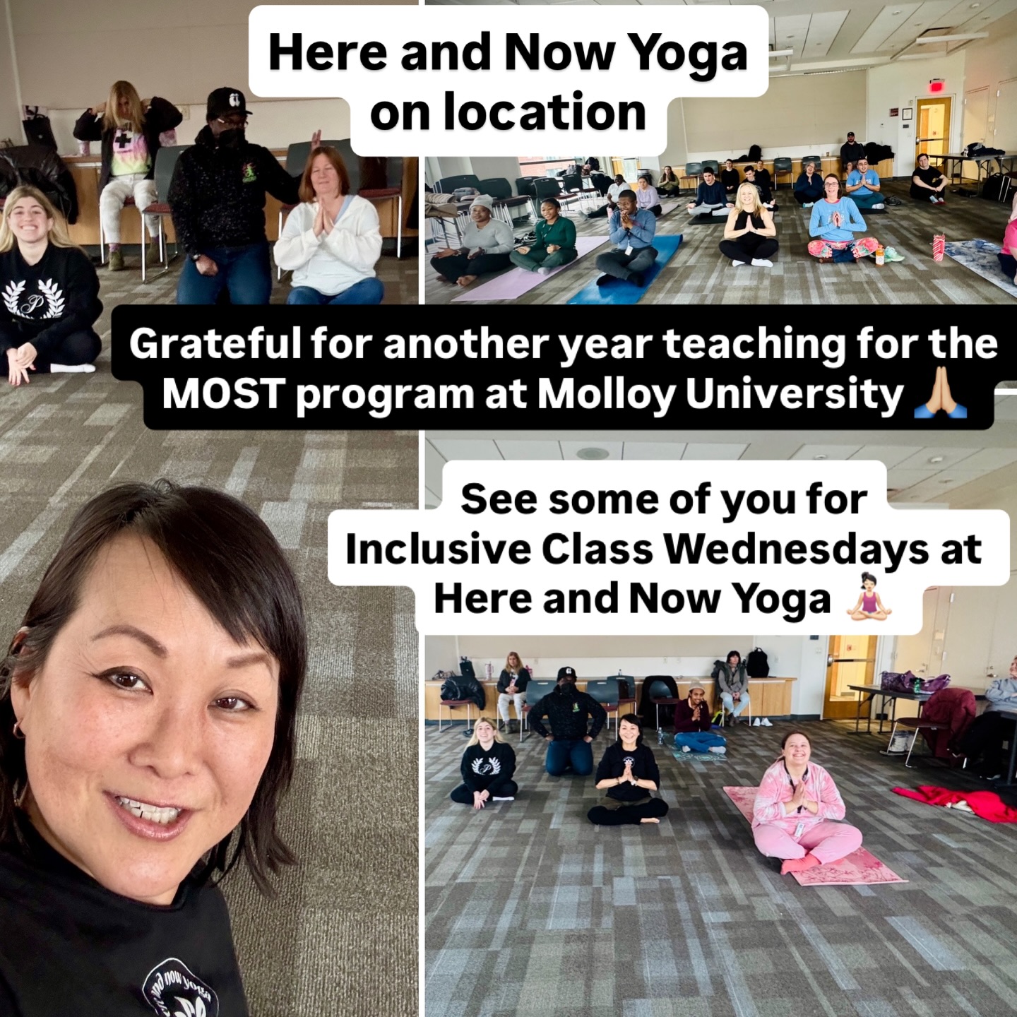 Here and Now Yoga — on location! ✨
🏫
So thankful to be back with the MOST Program at Molloy University @molloy_u . It’s always such a joy to reconnect with familiar faces, welcome alumni back for intercession, and meet new students entering this incredible program. Truly inspiring.
❤️
A heartfelt thank you to the MQM Foundation @mqmfoundation. 🙏🏼

And for those wanting to practice with us locally — join our Inclusive Class Series
🧘‍♀️ Wednesdays, 9:30am (9:20am arrival)
📍 Here and Now Yoga, Wellness & Arts Collective
22 Verbena Ave., Floral Park, NY
😌
So grateful for this community. 💛
#HereAndNowYoga #InclusiveYoga #YogaForAll #yogafordisabilities #FloralParkNY 🧘🏻‍♀️🧘🏻‍♂️🧘🏽