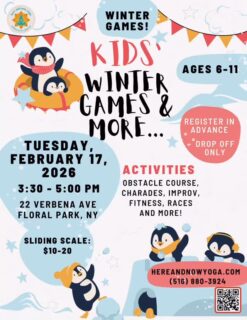 ❄️ Kids Winter Break FUN! ❄️
Game Day & More!

Don’t know where to send your kids this winter break? We’ve got you covered! 🙌

Join us for an afternoon packed with movement, laughter, and play:
🏃‍♂️ Races
🧗 Obstacle courses
🎭 Improv games
🍎 Snacks
…and lots of smiles

📅 Tuesday, February 17
⏰ 3:30–5:00 PM
👧🧒 Ages 6–11
🚪 Drop them off
😄 Pick them up happy and tired

💛 Sliding scale sign-up starting at $10
This is a community offering, because every kid deserves winter break fun.

📍 Here and Now Yoga, Wellness & Arts Collective
22 Verbena Ave., Floral Park, NY

Spots are limited—sign up in advance and let them play it out! 🎉
#hereandnowyoga #floralparkny #floralpark #floralparkmoms #bellerosekids 🤸‍♀️🤸🤸‍♂️