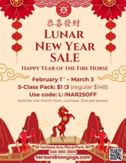 🔥🐎 Happy Lunar New Year — Year of the Fire Horse! 🧧✨

We’re celebrating bold energy, fresh starts, and fearless movement with a special Lunar New Year SALE at Here and Now Yoga!

🎉 $25 OFF our 5-Class Pack
✨ Now $123 (regularly $148)
💥 Use code: LUNAR25OFF

🗓 Available Tuesday, February 17 through March 3

The Fire Horse is all about passion, momentum, and stepping forward with confidence—perfect timing to recommit to your practice or try something new.

Celebrate the New Year. Ignite your energy. Move with intention. 🔥

📍 Here and Now Yoga, Wellness & Arts Collective
22 Verbena Ave., Floral Park, NY

Don’t wait—this offer gallops away soon! 🐎✨(Sorry, I know that sounds corny. But that means you read all the way down to here!) 
#hereandnowyoga #floralparkny #lunarnewyear2026 #gongxifacai 
🔥🧨🎇🧧💥