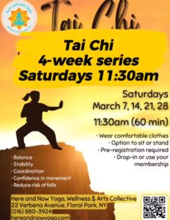 ✨ Tai Chi Returns! ✨

Join us for a gentle, supportive series with Cindy Benigno
🗓 Saturdays — March 7, 14, 21 & 28
⏰ 11:30 AM – 12:30 PM

Tai Chi for Arthritis & Fall Prevention
• Improve balance & mobility
• Move with ease & confidence
• Accessible for every body

✔️ Can be taken standing or seated in a chair
✔️ Socks or designated indoor Tai Chi shoes welcome
✔️ Sign up in advance — Drop in or use your membership

Come move mindfully with our community 💛

Here and Now Yoga, Wellness & Arts Collective
22 Verbena Ave., Floral Park, NY

#HereAndNowYoga #TaiChiForHealth #FloralParkNY #WellnessCommunity #gentlemovement