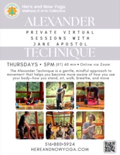 Alexander Technique with Jane Apostol 😌

Some of you experienced Jane’s beautiful, detailed work at our 2026 ELEVATE Catskills Retreat—and now you can continue the practice from home.
🌻
Private 1-on-1 sessions with Jane offer a chance to slow down, notice habitual patterns, and explore greater ease in the way you sit, stand, breathe, and move.
🌱
Jane is a master educator of the Alexander Technique with 30+ years in movement and bodywork. Through subtle guidance, she helps you develop a deeper awareness of your body and discover movement that feels lighter, freer, and more natural.
☀️
Private Zoom Sessions
Thursdays at 5pm (ET)
One-hour session
🌸
Ready to continue the work—or experience it for the first time?
🙏🏼
(516) 880-3924
hereandnowyoga.com
🪷
#alexandertechnique #hereandnowyoga #mindfulmovement #embodiedawareness #movementeducation 🧘🏻‍♀️