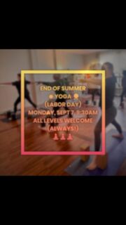 ☀️ END OF SUMMER LABOR DAY YOGA ☀️

Monday, September 7 • 9:30 AM

One last summer flow before we head into fall. 🧘🏻‍♀️

All levels welcome. Always.

Here and Now Yoga, Wellness & Arts Collective,
22 Verbena Ave, Floral Park, NY
#hereandnowyoga #floralpark #floralparkny #laborday #endofsummer☀️