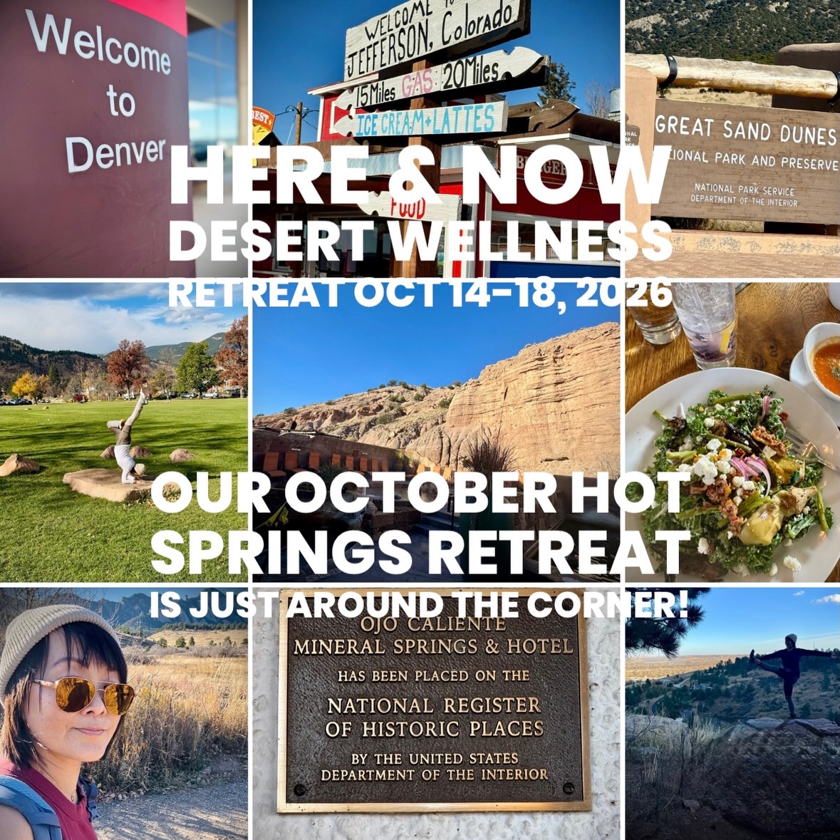 Four weeks from today, we’ll be heading west for our HERE & NOW Desert Wellness Retreat. 🏜️

Five days. Four nights. Colorado and New Mexico. Yoga, meditation, beautiful landscapes, nourishing meals, mineral hot springs, and time to slow down.
😌
Imagine waking up without an alarm clock demanding your attention. Taking your morning yoga practice outside your usual routine. Spending an afternoon soaking in warm mineral waters. Exploring new places, eating well, and having space to simply breathe.
🧘🏻‍♀️
This retreat is designed for women who want a real break from the everyday.
🪷
Our October 14–18 retreat is coming up quickly. If you’ve been thinking about joining us, now is the time to make it happen.
🌵
All levels welcome. No previous experience necessary.
💕
A few spaces remain.

Visit hereandnowyoga.com or message us for details.

Here and Now Yoga, Wellness & Arts Collective RETREATS
The place is here. The time is now. #hereandnowyoga #yogaretreat #hotsprings #newmexicoretreat #desertwellness